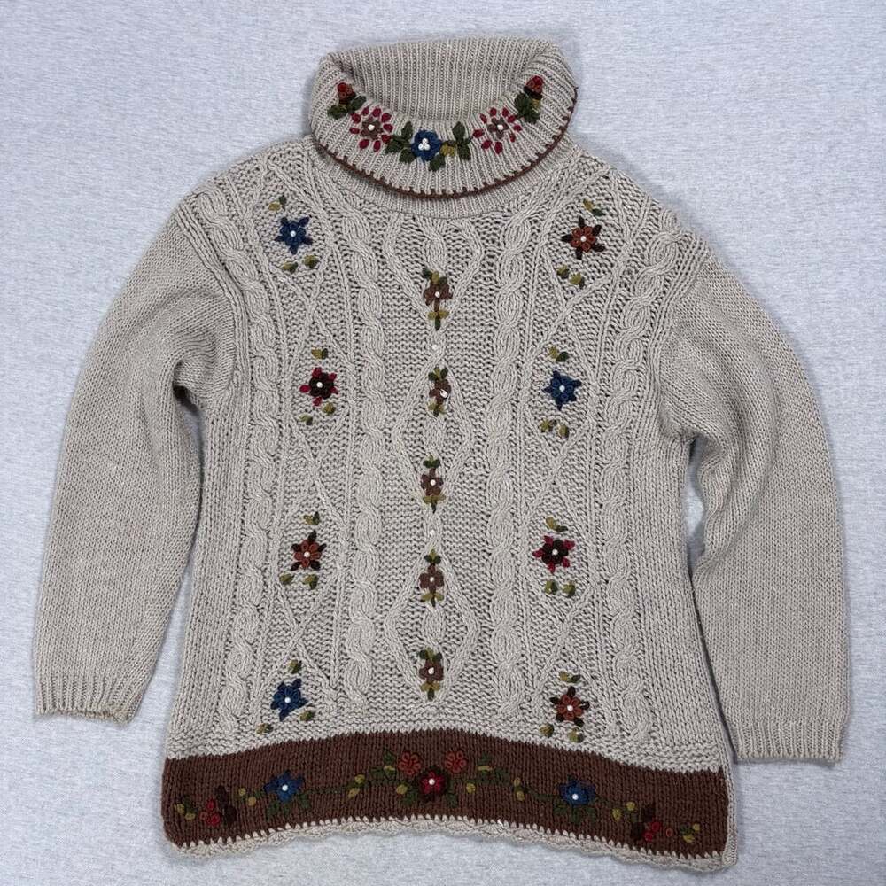 Bobbie Brooks Cable Knit Turtleneck Sweater Size XL Beige Floral Hand Knitted